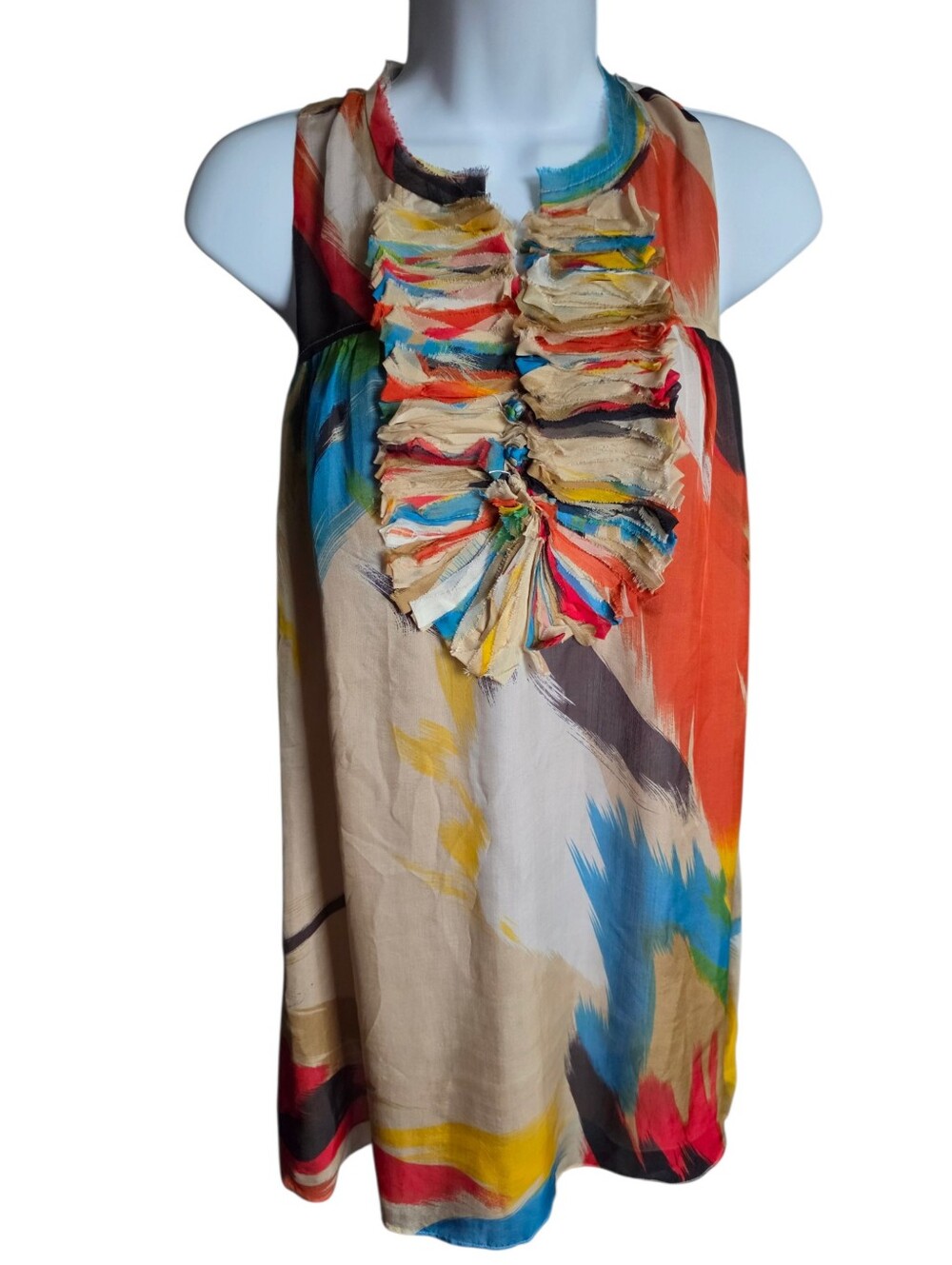Blue Tassel Collection Multicolor Brush Stroke 100% Silk Ruffle Blouse - Size M